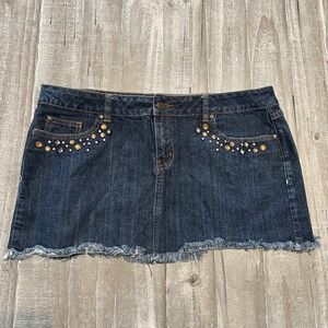 Rampage Jeans Denim Mini Skirt Juniors Size 13 Studded Y2K Raw Hem Edgy Grunge
